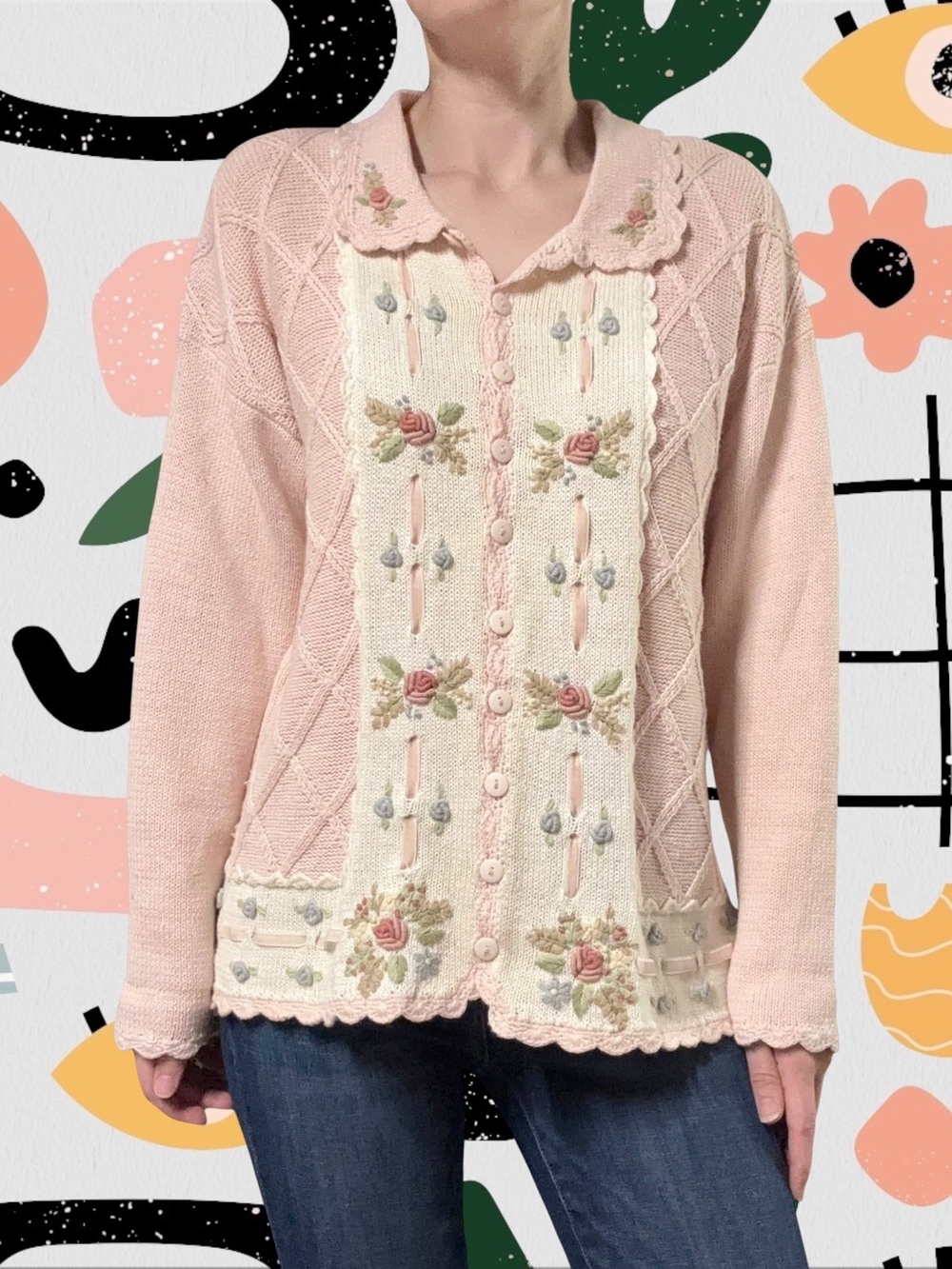 Beldoch Popper | Vintage 90s Pink Knit Floral Embroidered Collared Sweater